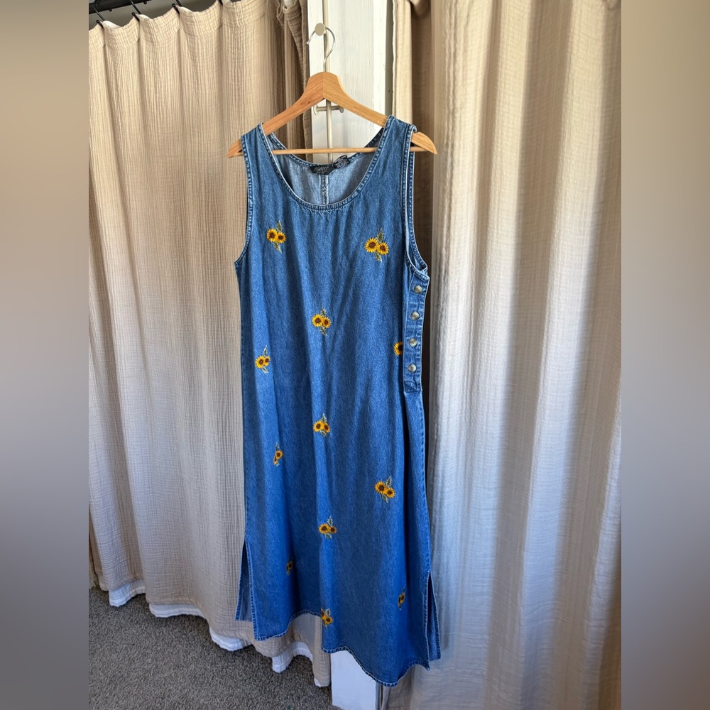 Denim Maxi Dress with Sunflower Embroidery - Blue - Picture 2 of 8